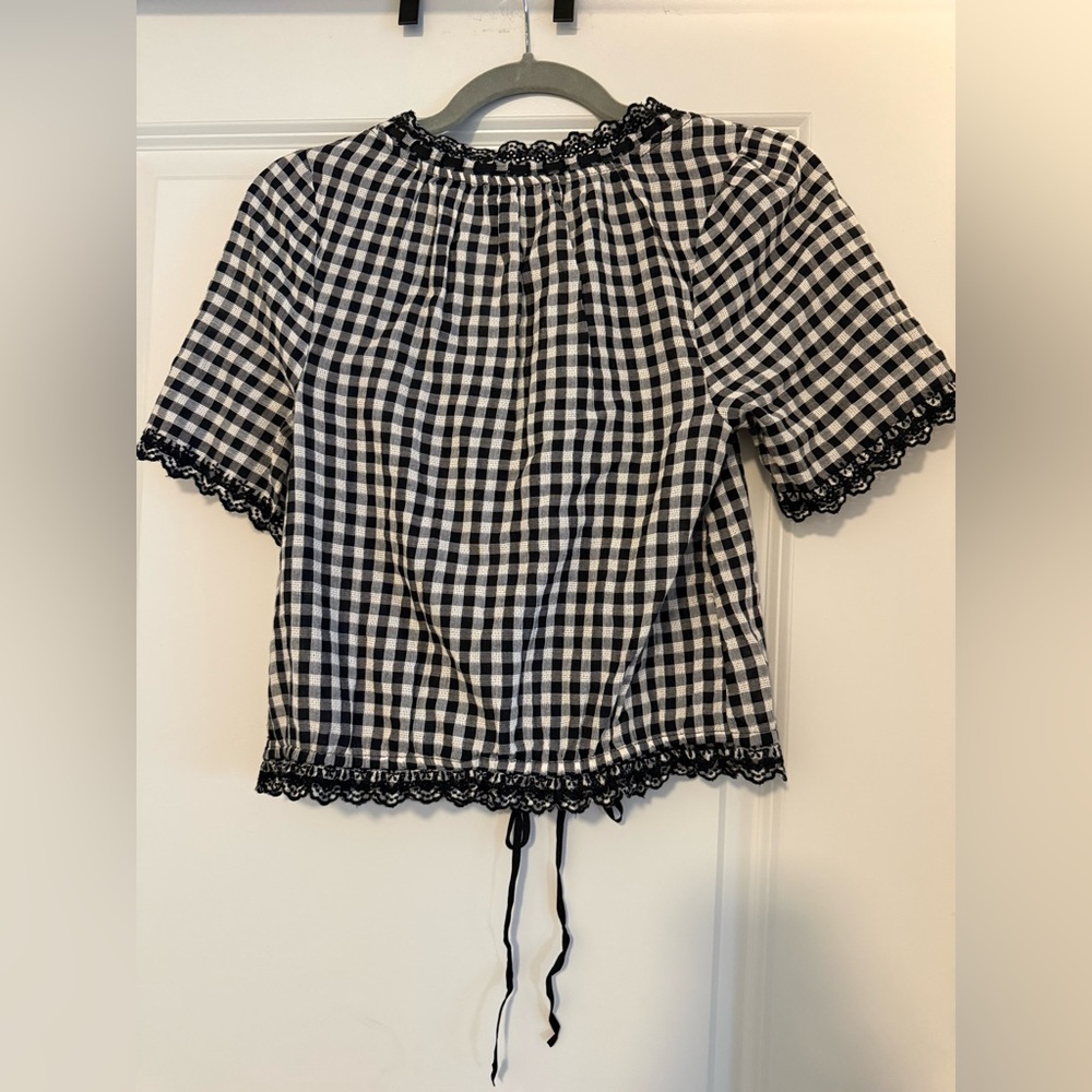 American Eagle Outfitters Black and White Gingham Lace-Trim Crop Top - Picture 4 of 4